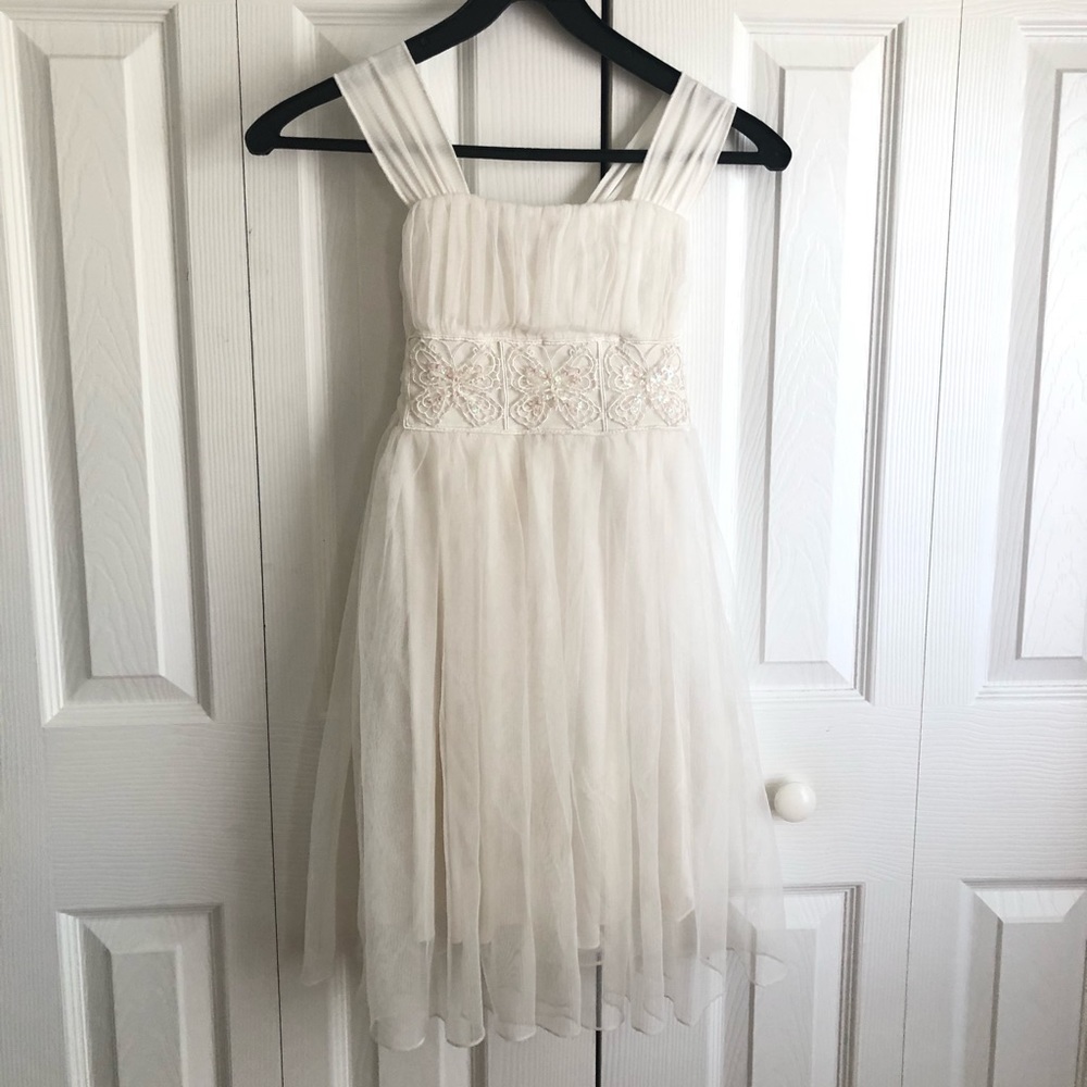 MyMichelle White Beaded Tulle Girls Dress, Size 8
